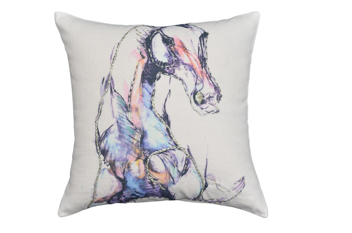 Vibhsa White Horse Print Embroidered Decorative Pillow 18x18