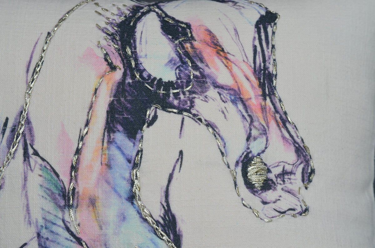Vibhsa White Horse Print Embroidered Decorative Pillow 18x18