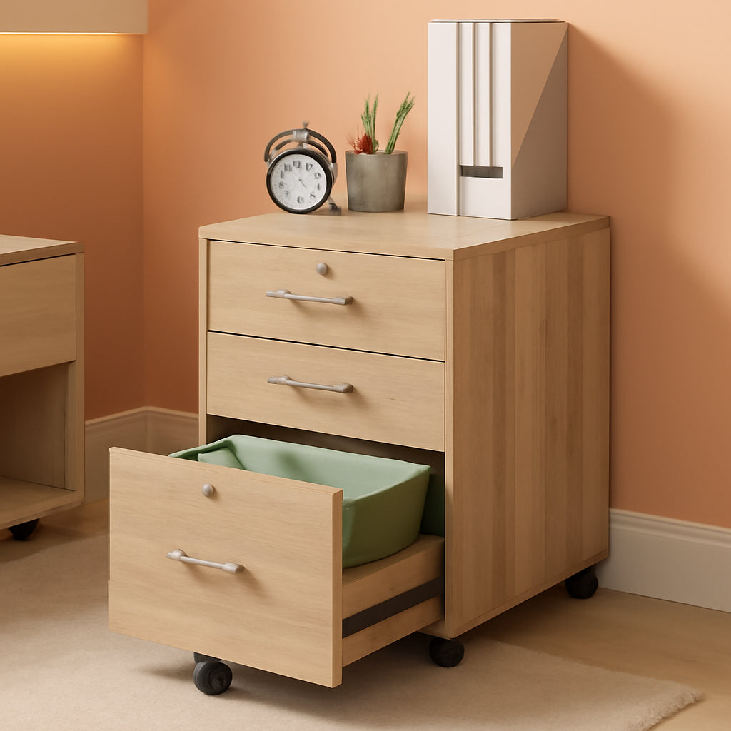 Oak 26 Inch High 3 Drawer File Cabinet With Lock For Letter Size Files And Mobile Under Desk