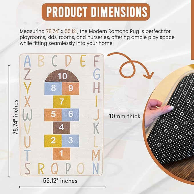 Washable Hopscotch Rug for Kids | Educational ABC & Numbers Carpet for Toddler Playroom or Classroom | 4.6' x 6.5' Non-Slip Play Mat | Neutral Decor