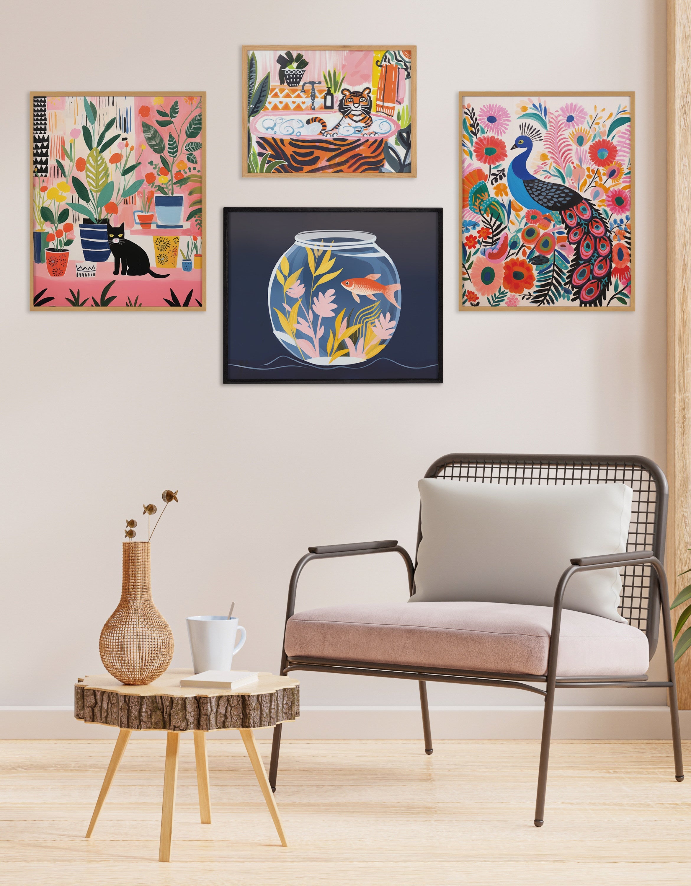 Gallery Whimsical Houseplants and a Black Kitty Cat Print by The Creative Bunch Studio