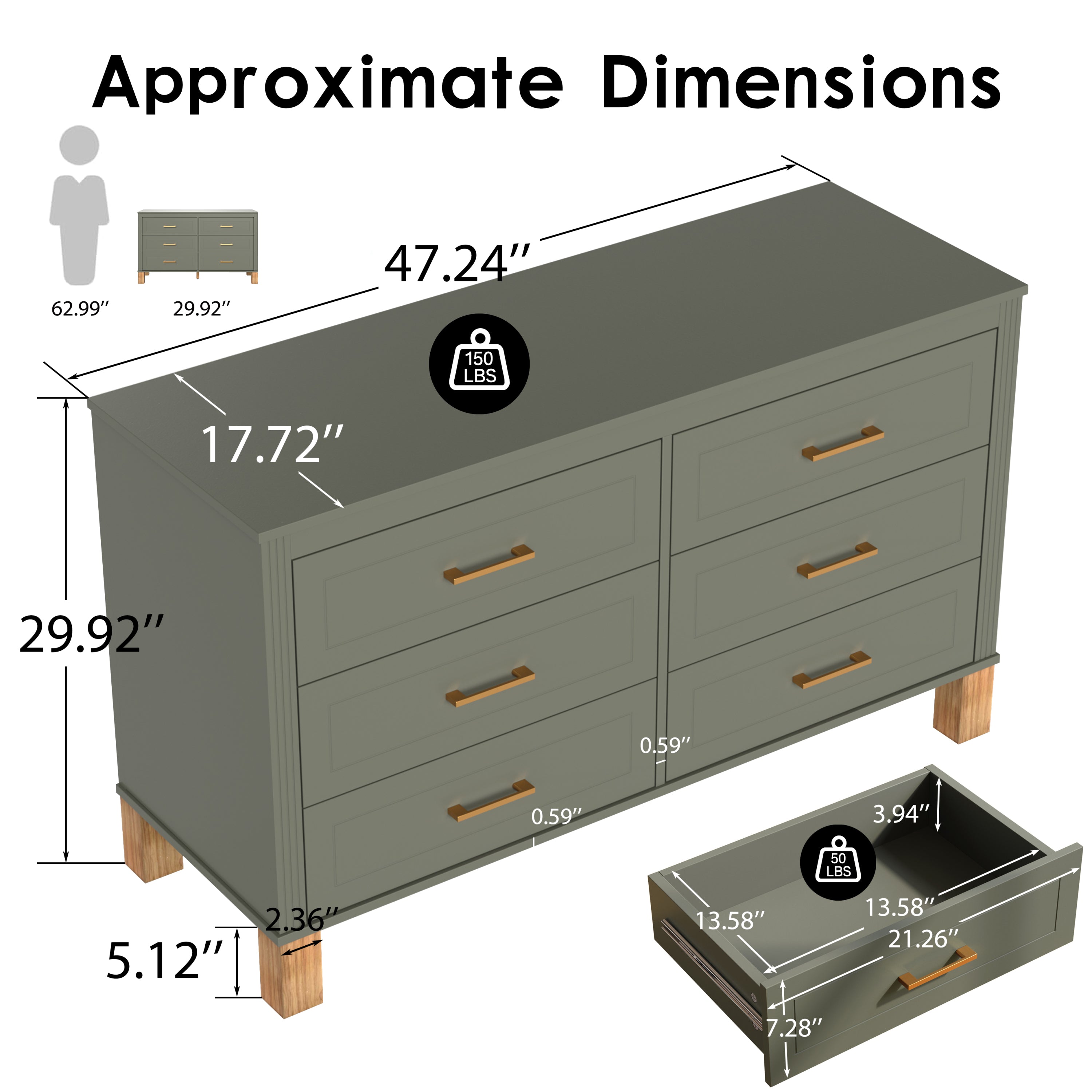 6-Drawer Double Dresser in Olive