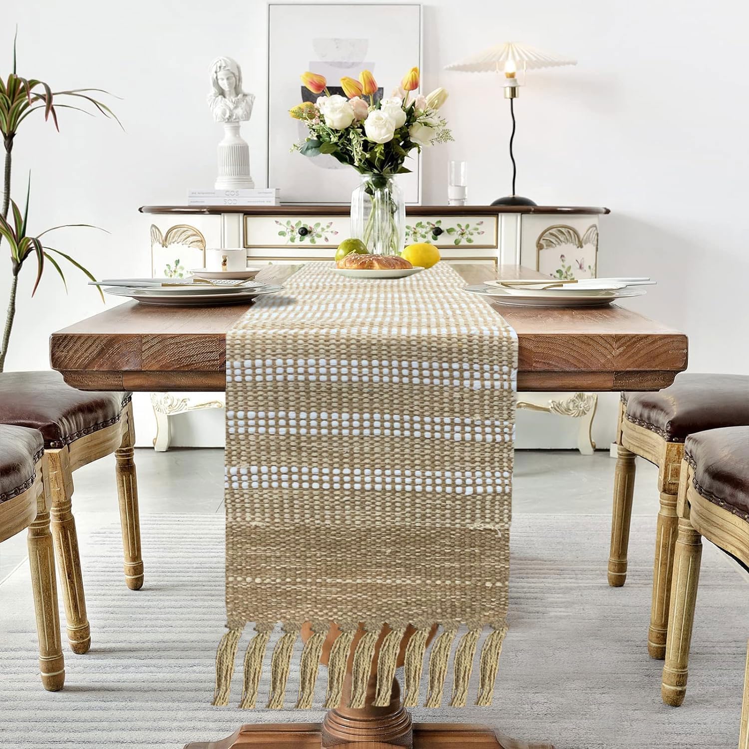 Boho Textured Weave Table Runner | Natural Beige Cotton Runner with Tassels | 13x74" (33x188cm)-3