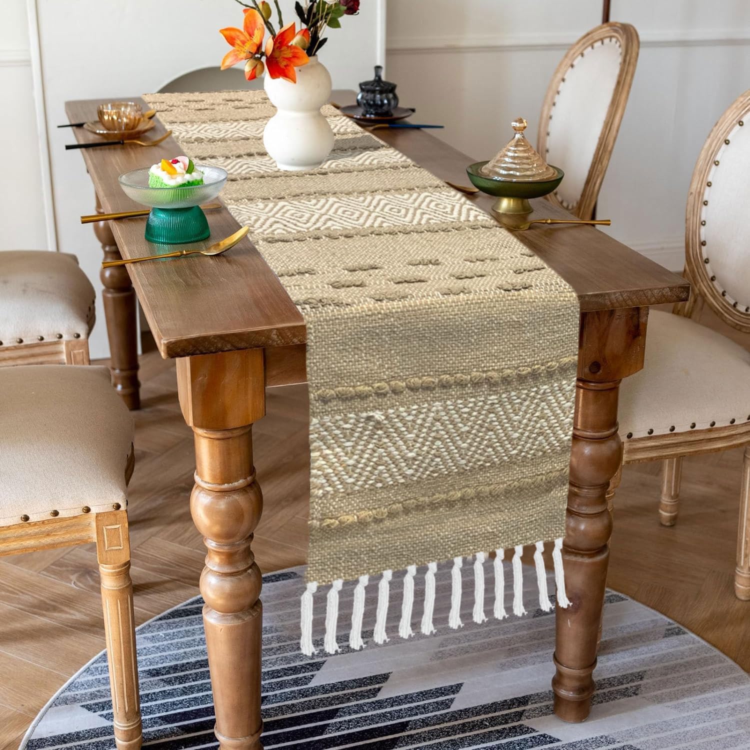 Boho Chevron Table Runner | Cream & Brown Cotton Woven Runner | 13x74" (33x188cm)-3