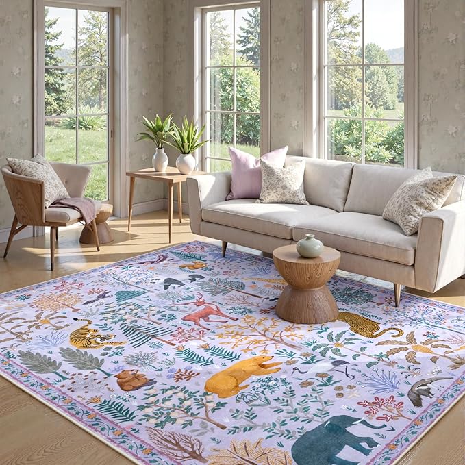 OJIA Animal Washable Area Rug 8x10, Boho Rugs for Living Room Playroom 8 x 10 Kids Bedroom Rugs, Non-Slip Ultra-Thin Indoor Large Floor Carpet for Dining Room Nursery Farmhouse