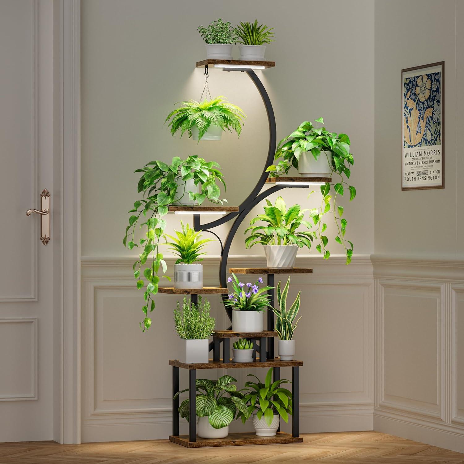 8 Tiered 62" Plant Stand Indoor with Grow Lights, S-Shaped Plant Rack for Home,Patio - PRHOMZ