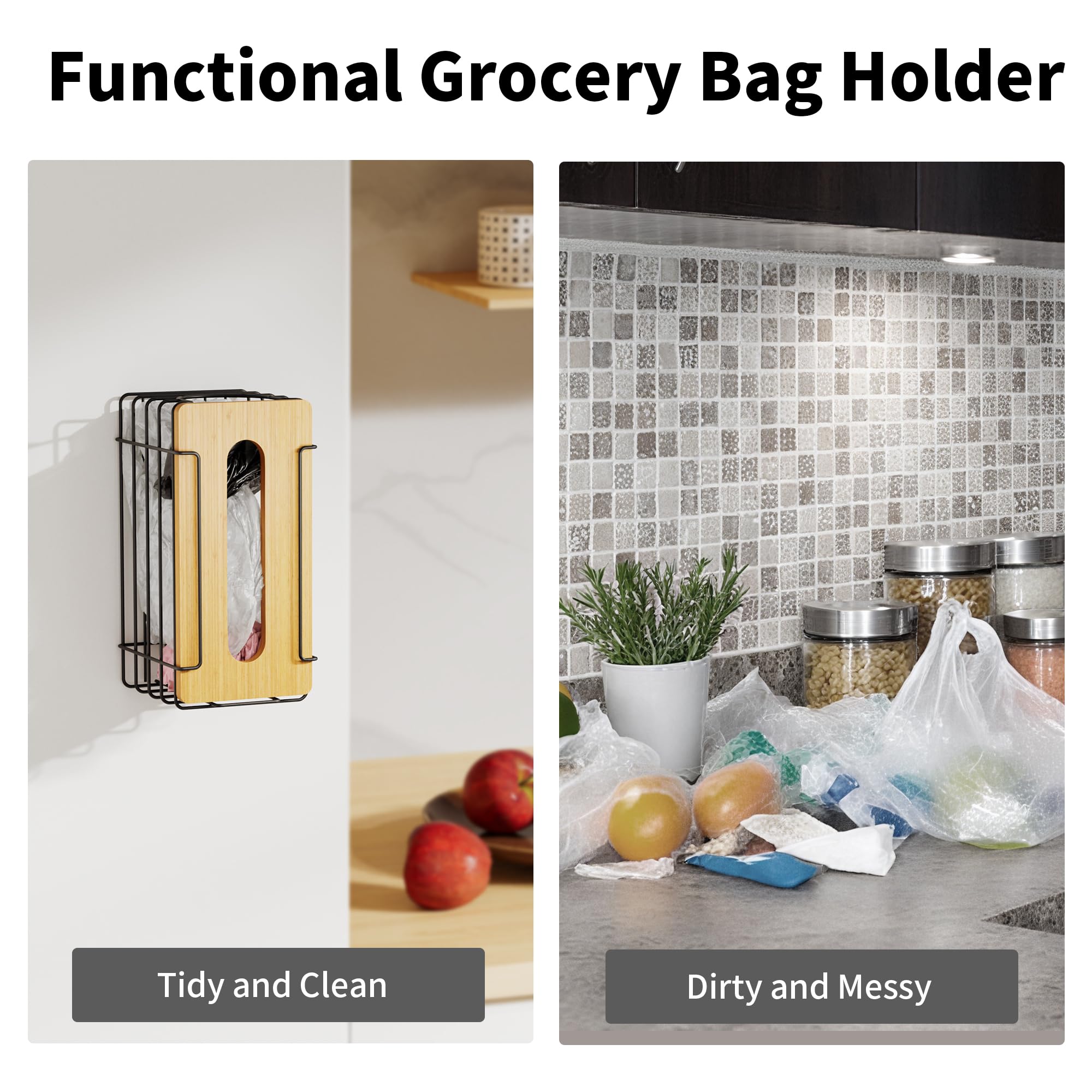 Stylstoreazy 2 Pack Wall Mount Grocery Bag Holder Bamboo Top Black Large