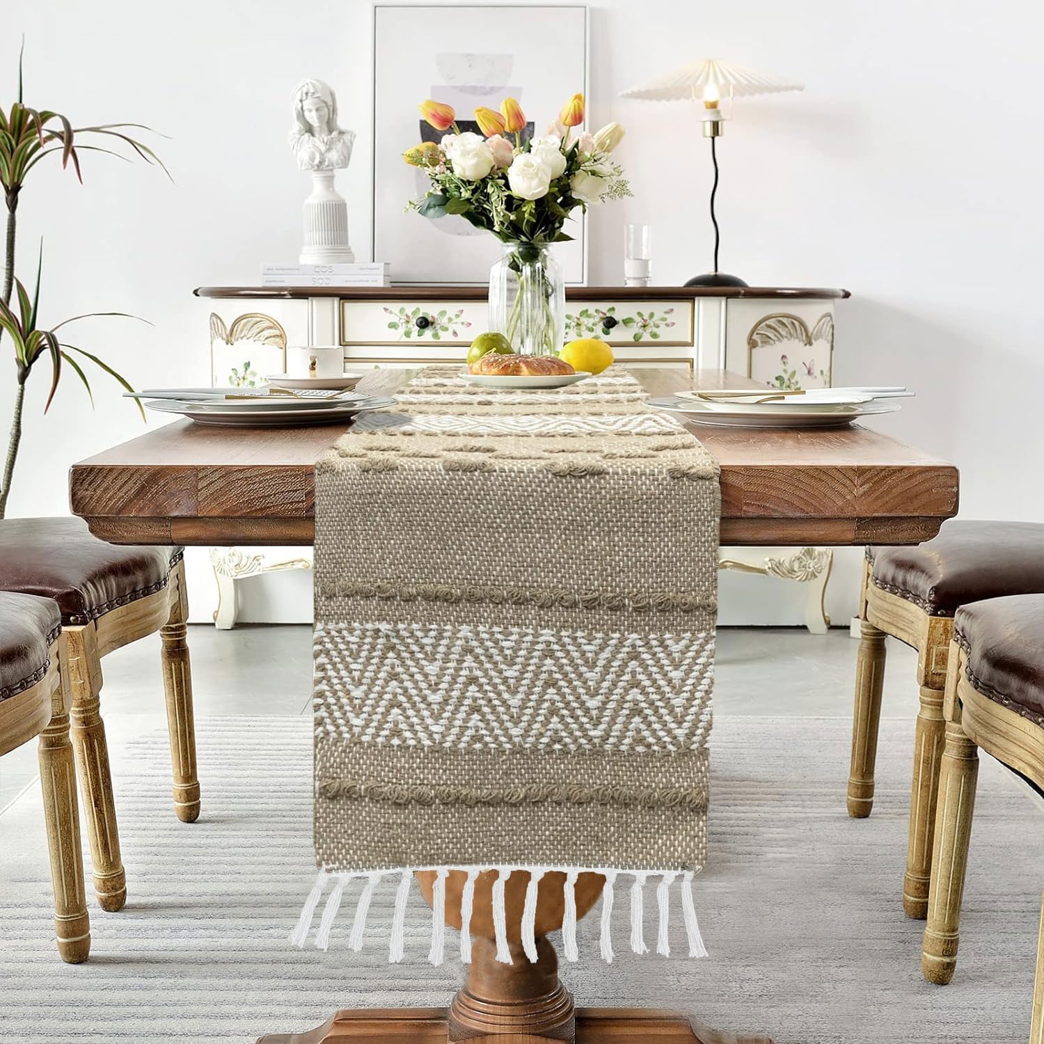 Boho Chevron Table Runner | Cream & Brown Cotton Woven Runner | 13x74" (33x188cm)-1