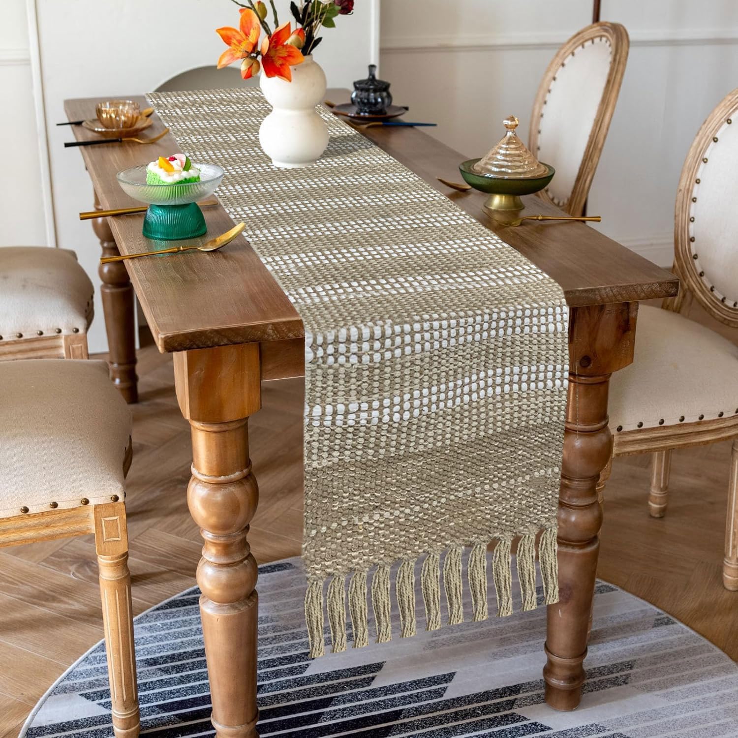 Boho Textured Weave Table Runner | Natural Beige Cotton Runner with Tassels | 13x74" (33x188cm)-1