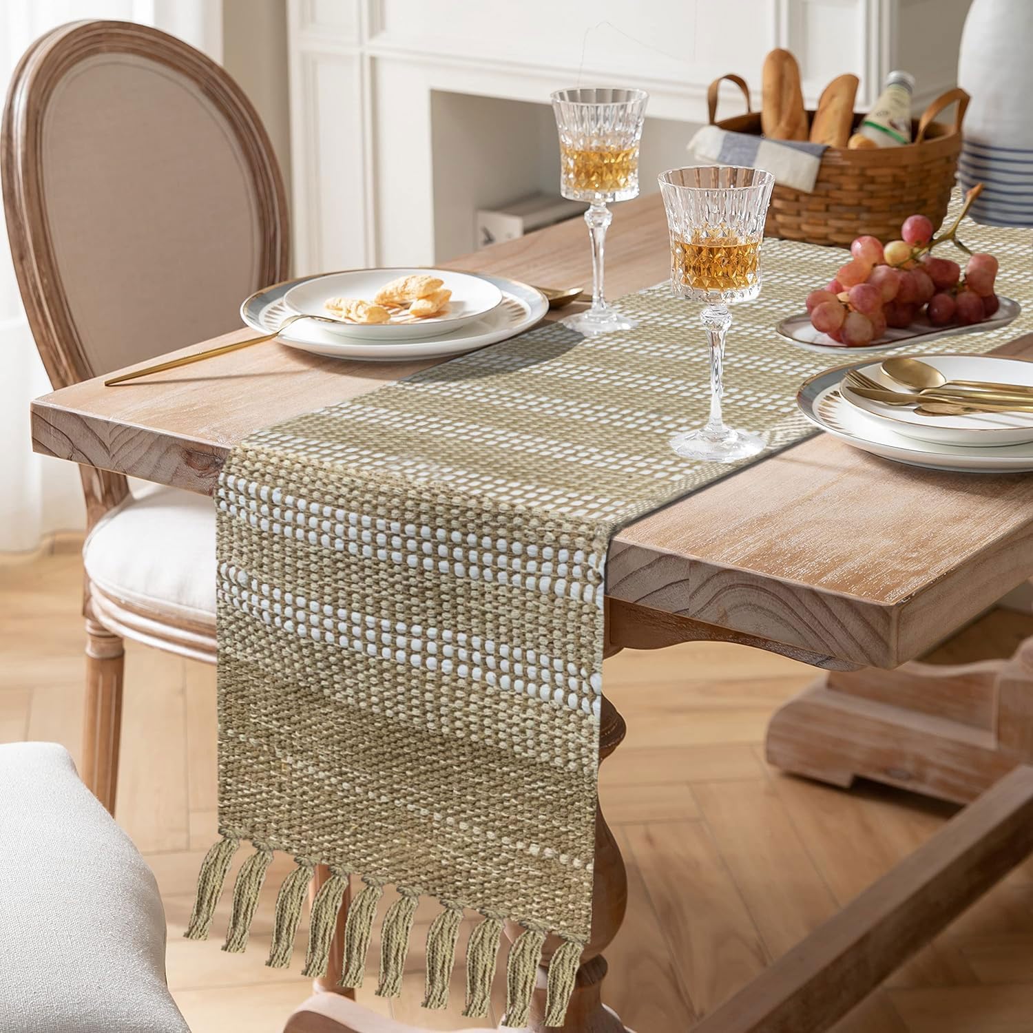 Boho Textured Weave Table Runner | Natural Beige Cotton Runner with Tassels | 13x74" (33x188cm)-2