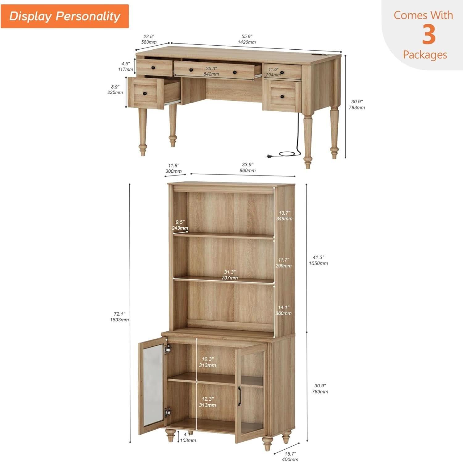 Oak Distressed Farmhouse Office Desk System Bookcase