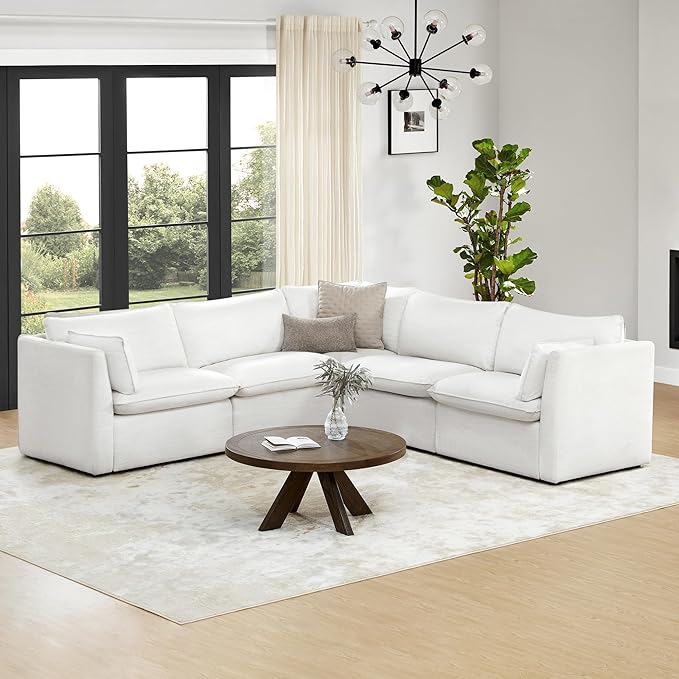 CHITA Sectional Modular Down Filled Coener Sofa, Comfty Feather V Shape Cloud Couch,FSC Certified V Shaped Couch for Living Room, 107 inch Width,4 Seat and 1 Middle Corner, Cream