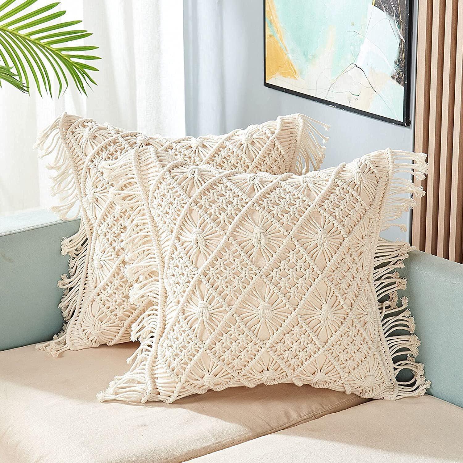 Bohemian Macrame Cushion Cover | 45x45cm | Cream Cotton | Geometric Pattern | Fringed Edges - PRHOMZ