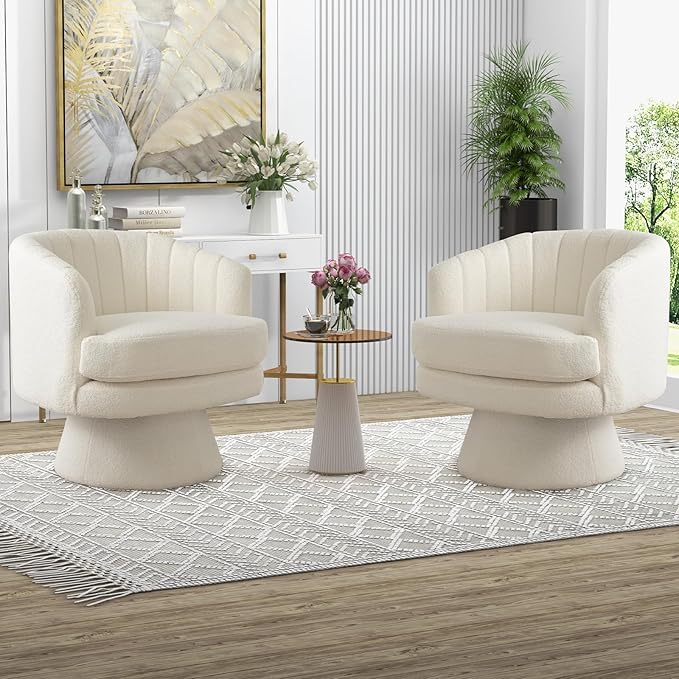 CANMOV Swivel Accent Chair with Armrest Set of 2, Modern 360 Degree Swivel Barrel Chair with Curve Back and Soft Cushion,Comfy Round Sherpa Teddy Armchair Single Sofa for Living Room,Beige
