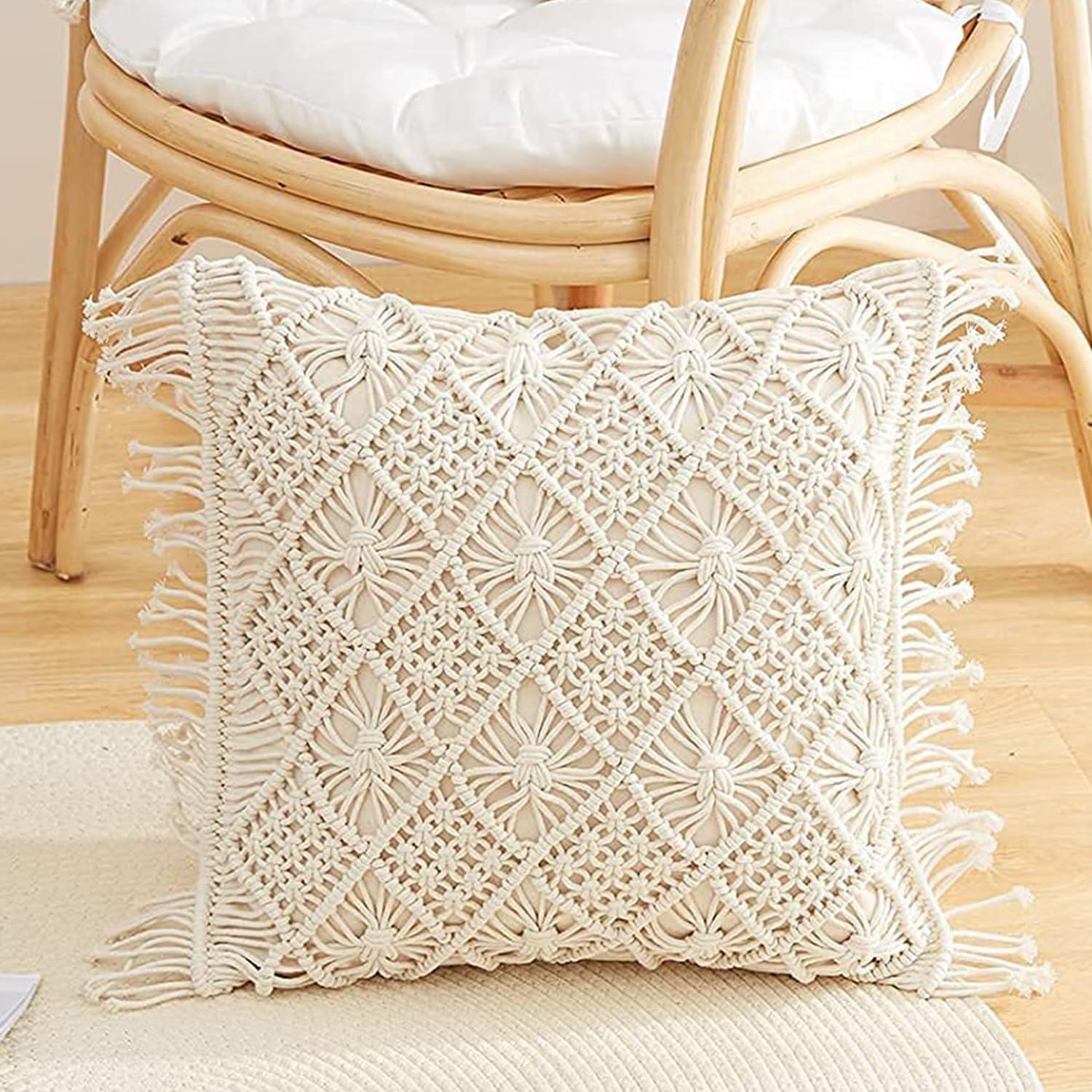 Bohemian Macrame Cushion Cover | 45x45cm | Cream Cotton | Geometric Pattern | Fringed Edges - PRHOMZ