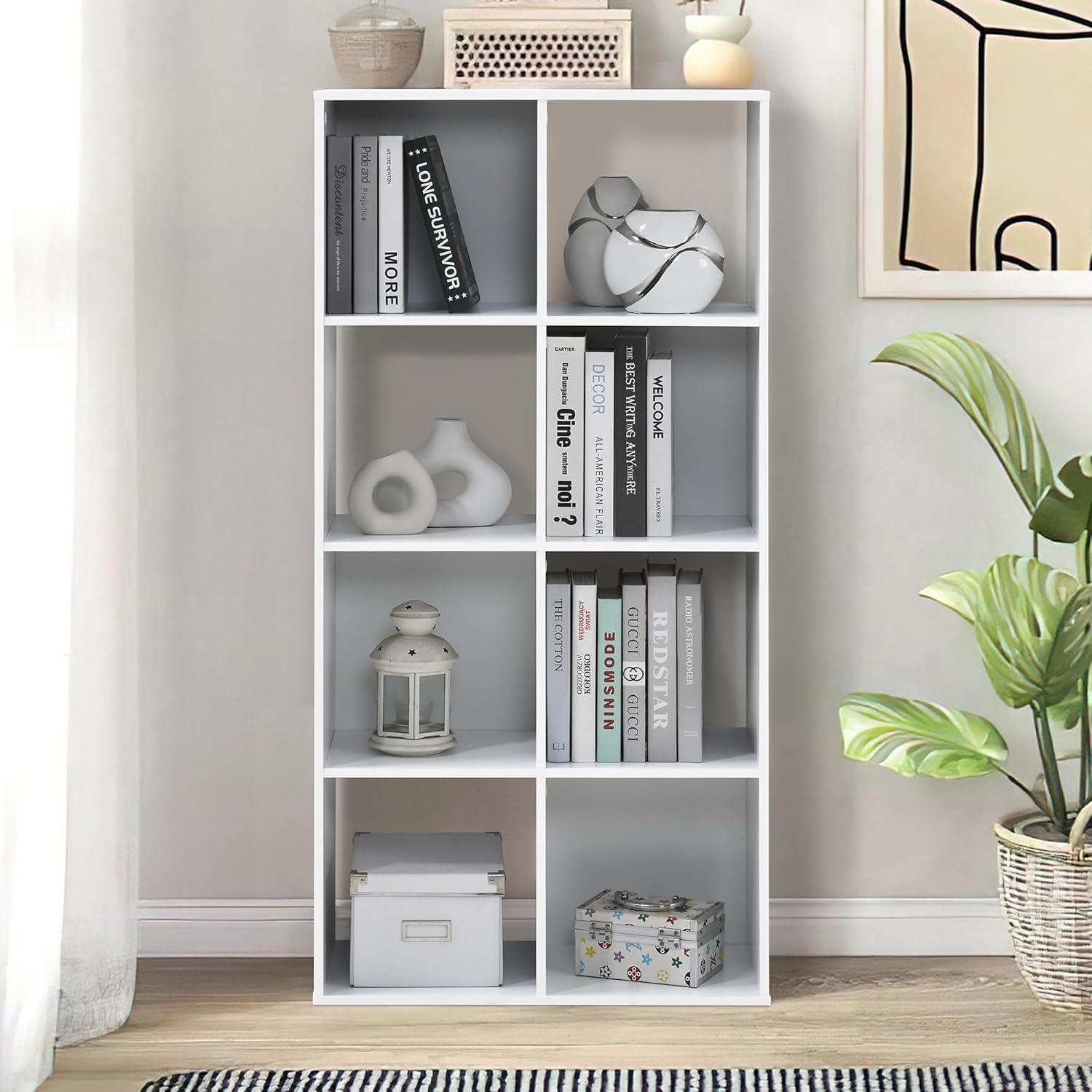 37.13 in. H x 23.47 in. W x 11.61 in. D White Wood 8-Cube Storage Organizer - PRHOMZ