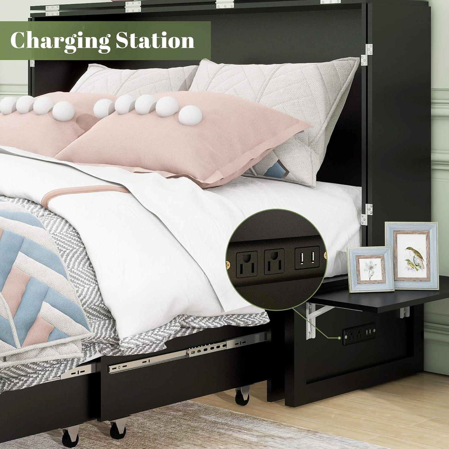 Queen Murphy Bed Cabinet with Storage & USB Ports - PRHOMZ