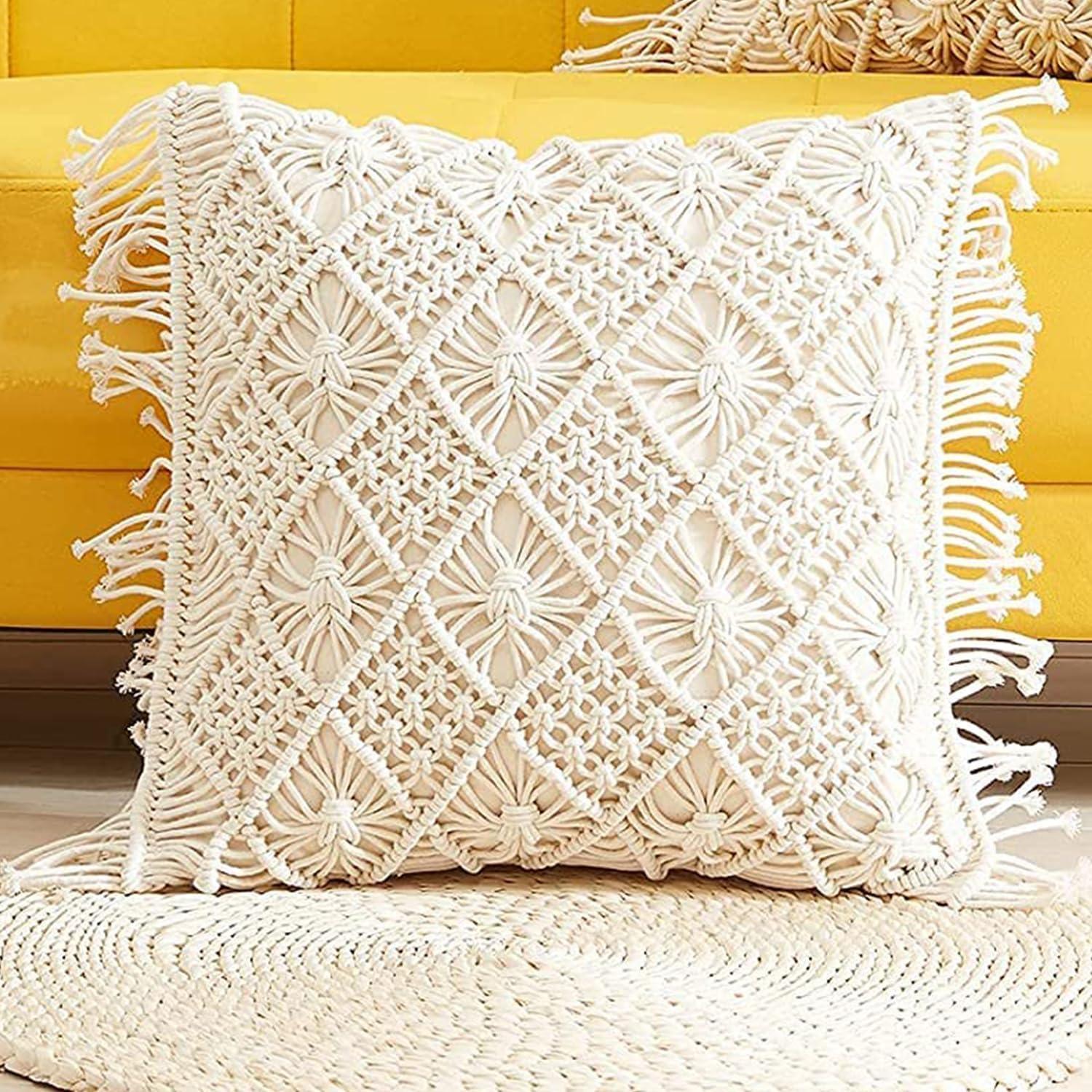 Bohemian Macrame Cushion Cover | 45x45cm | Cream Cotton | Geometric Pattern | Fringed Edges - PRHOMZ