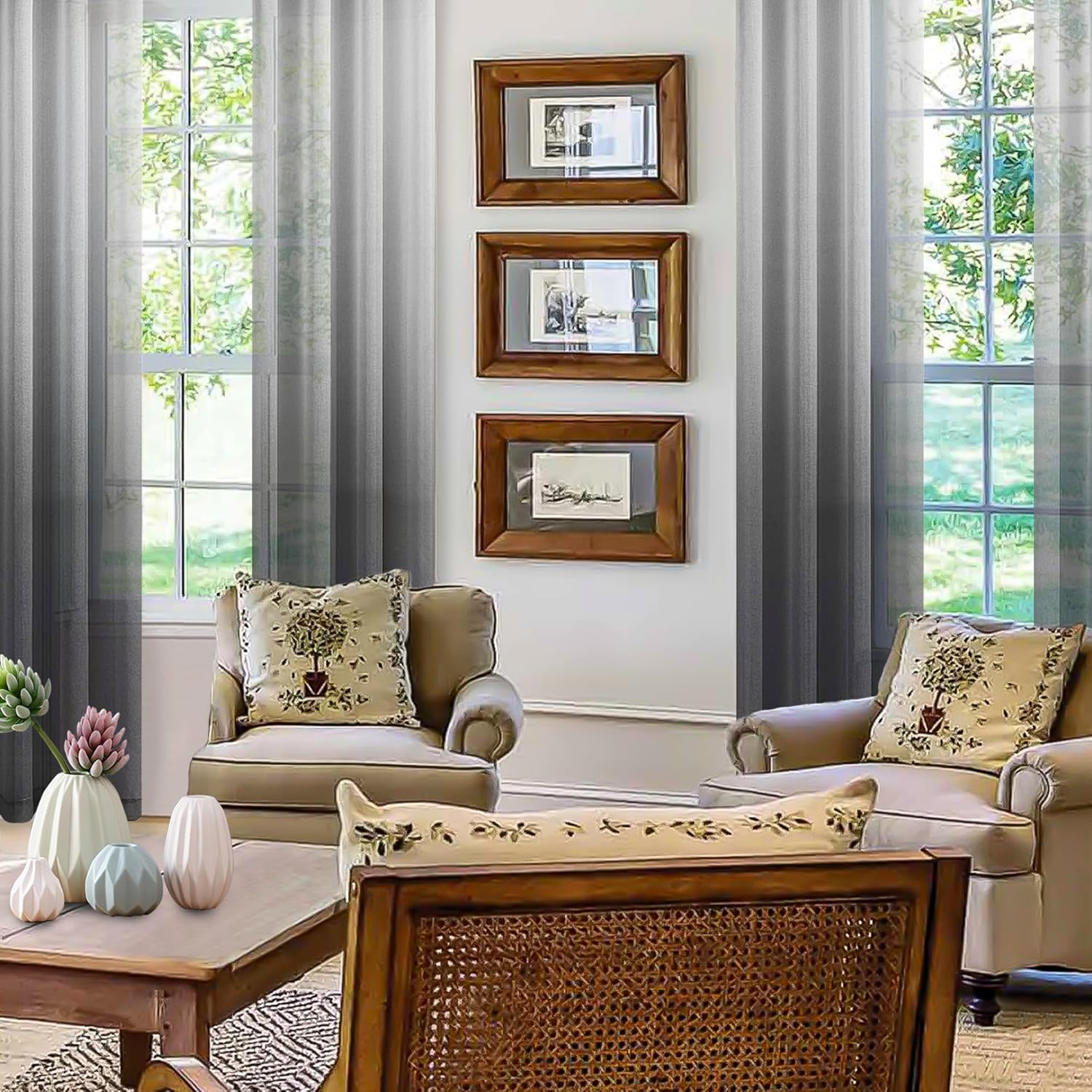 Custom Curtains: Faux Linen Ombre Sheer Curtains, Set of 2 Panels-1