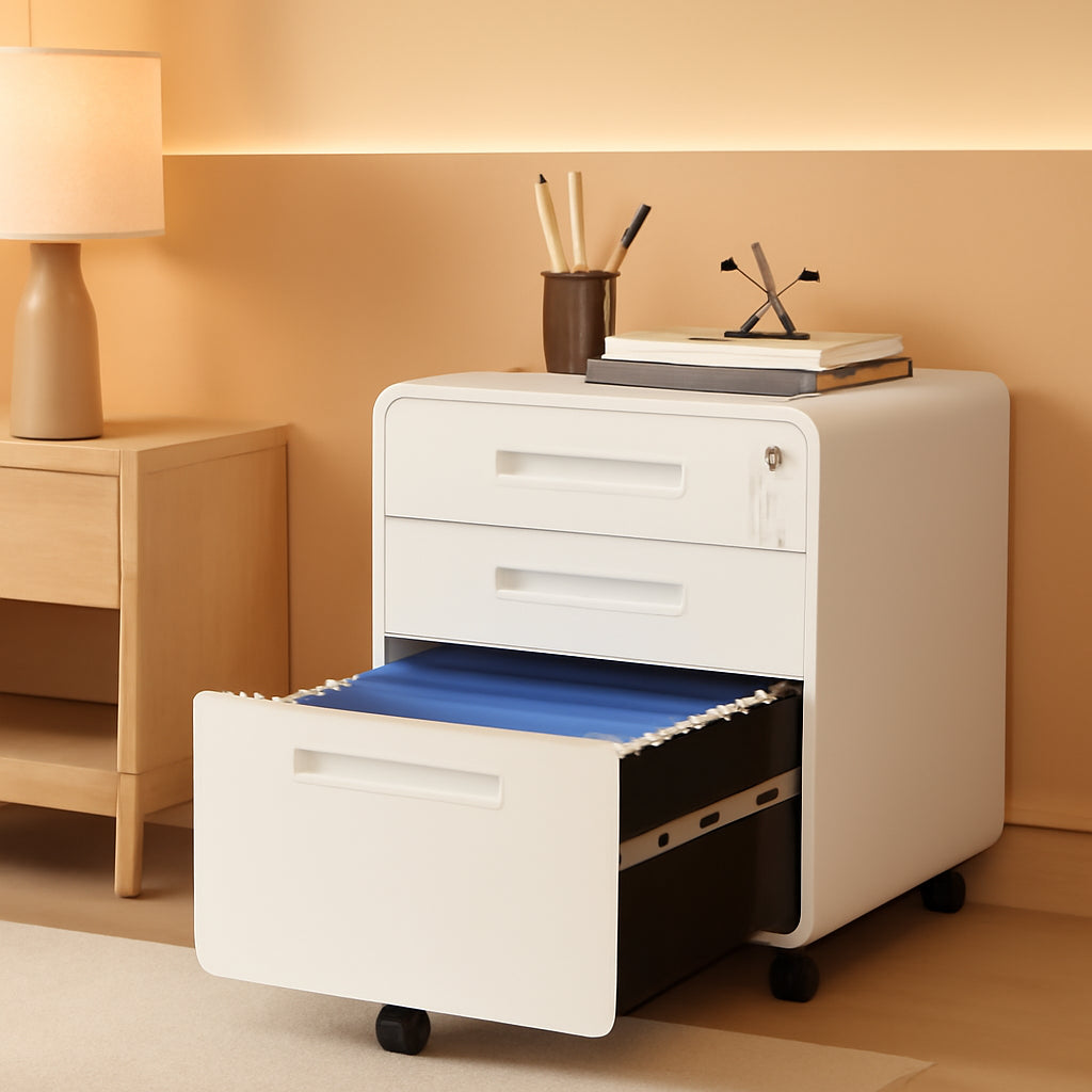 Mobile Filing Cabinet 3 Drawer White Lock On Wheels