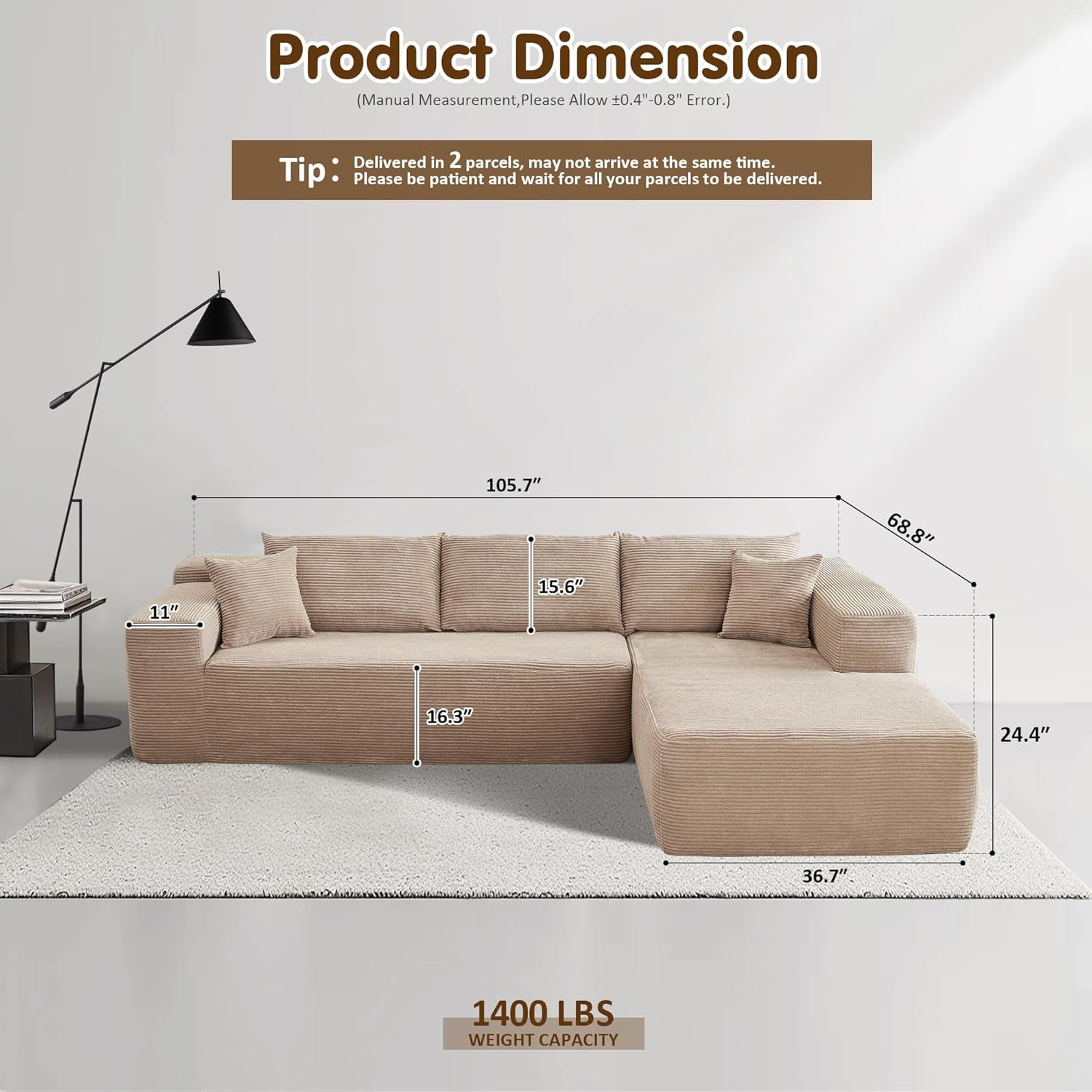 104 Inch Cloud Sectional Couch With L Shaped Chaise Modern Modular Sofa In Camel Corduroy Fabric
