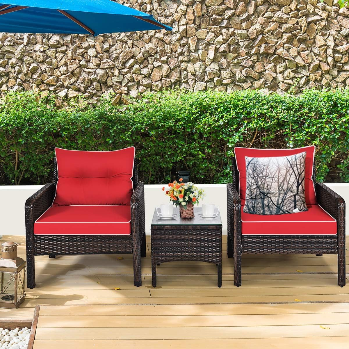 Red 3 Piece Outdoor Patio Furniture Set With Wicker Chairs And Glass Top Coffee Table