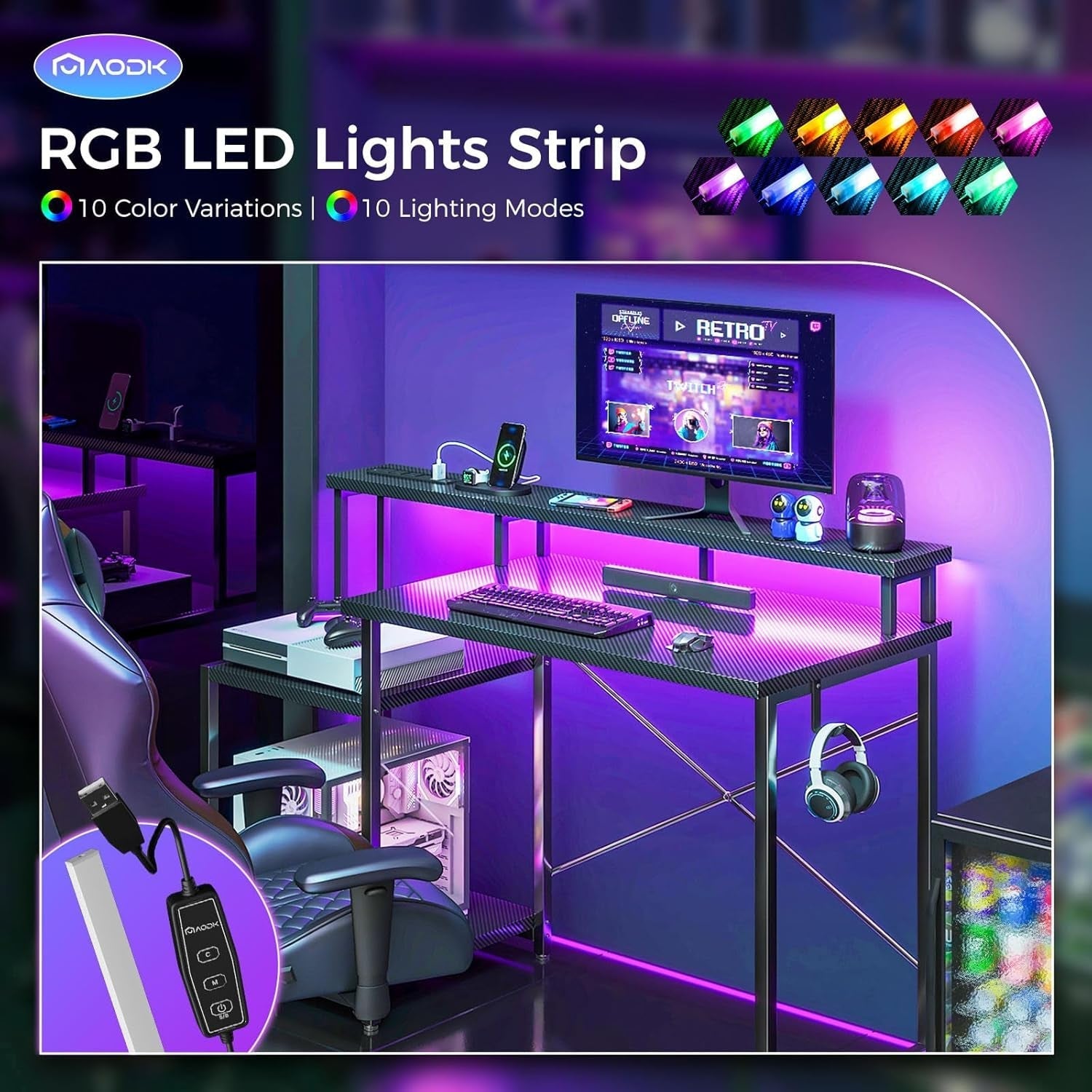 48 Inch LED Gaming Desk With Power Outlet And Shelves