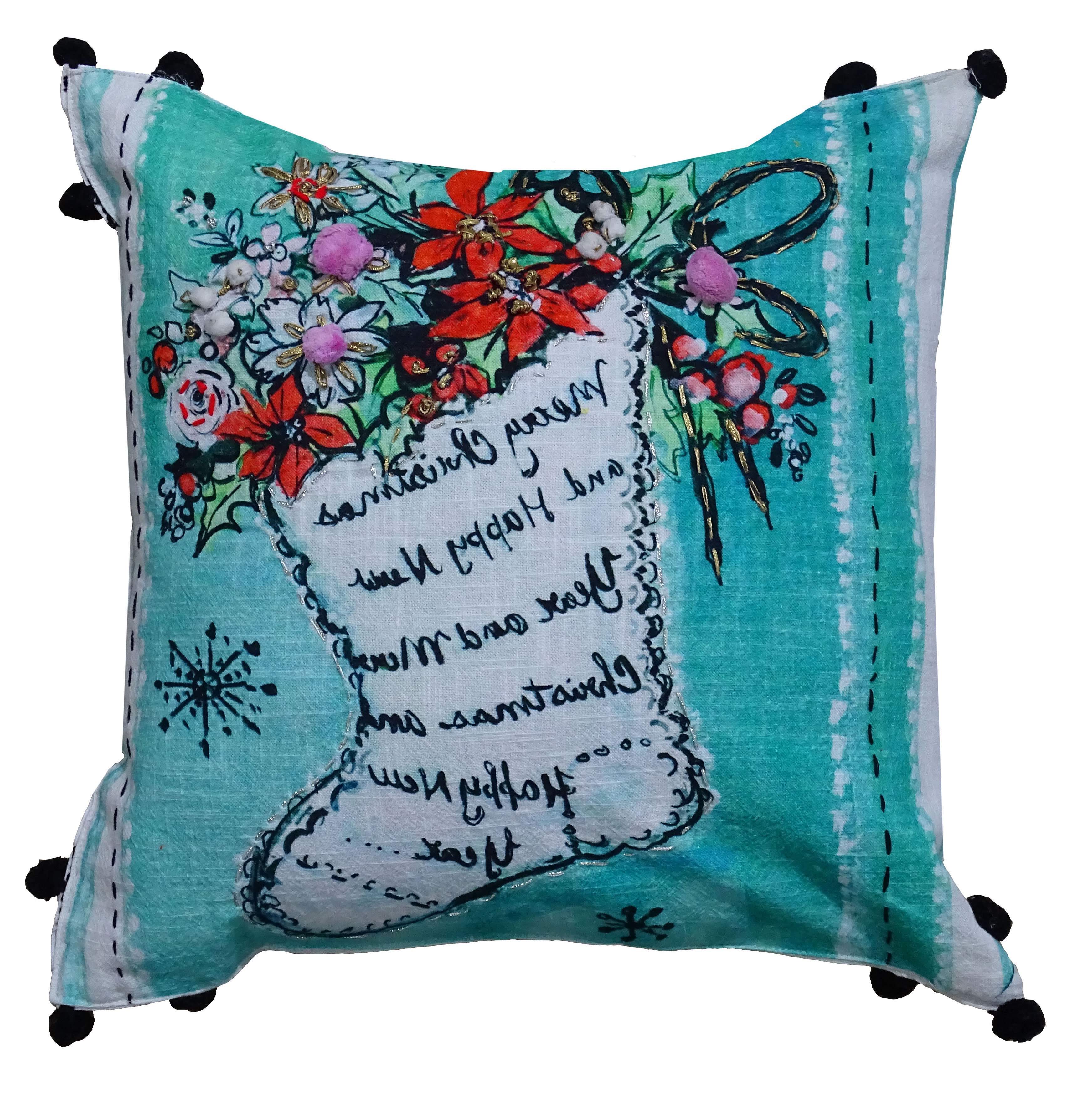 Hand Illustrated Christmas Holiday Pillow (Stocking, 18"x18")