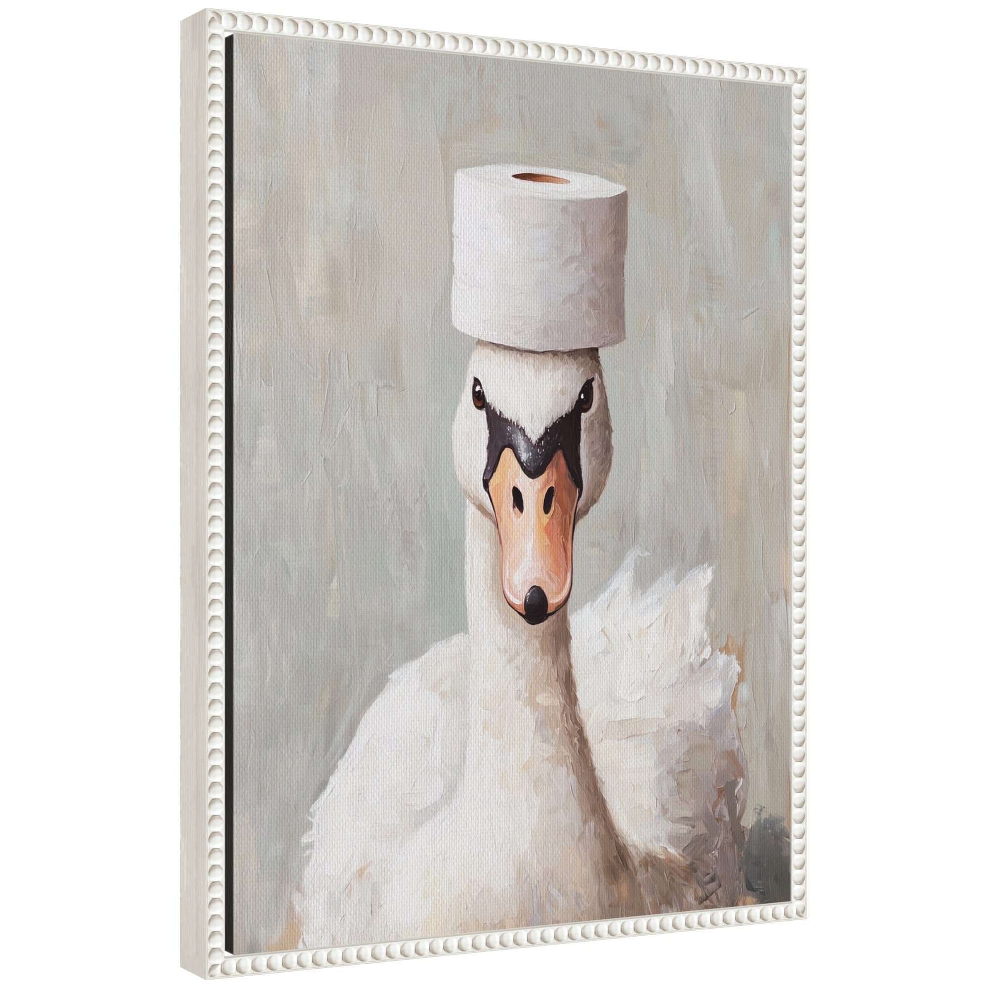 Sylvie Toilet Paper Roll on White Swans Head Bathroom Art Framed Canvas by The Creative Bunch Studio