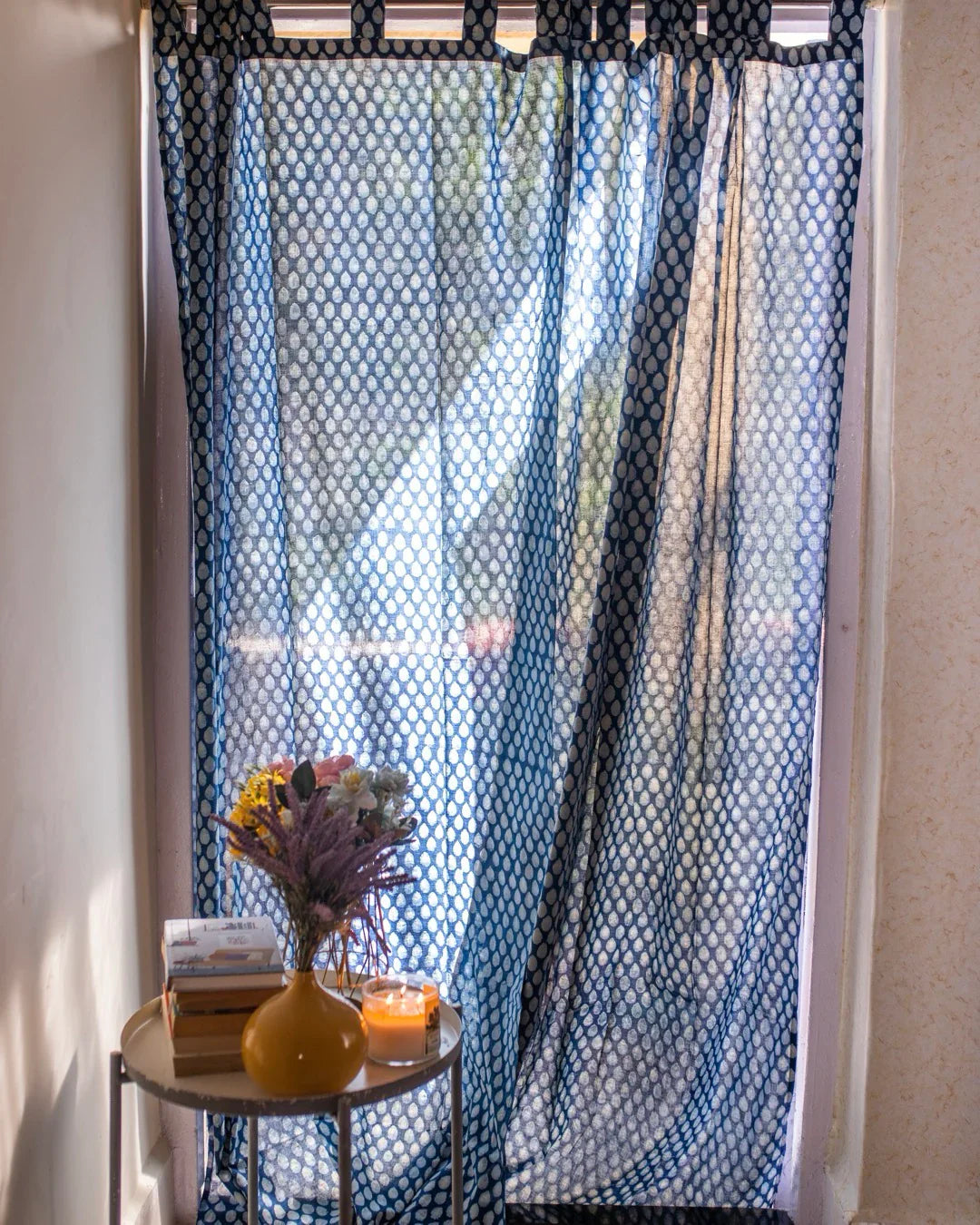Indigo Blue Hand Block Printed Linen Curtains | Water Droplet Design-2