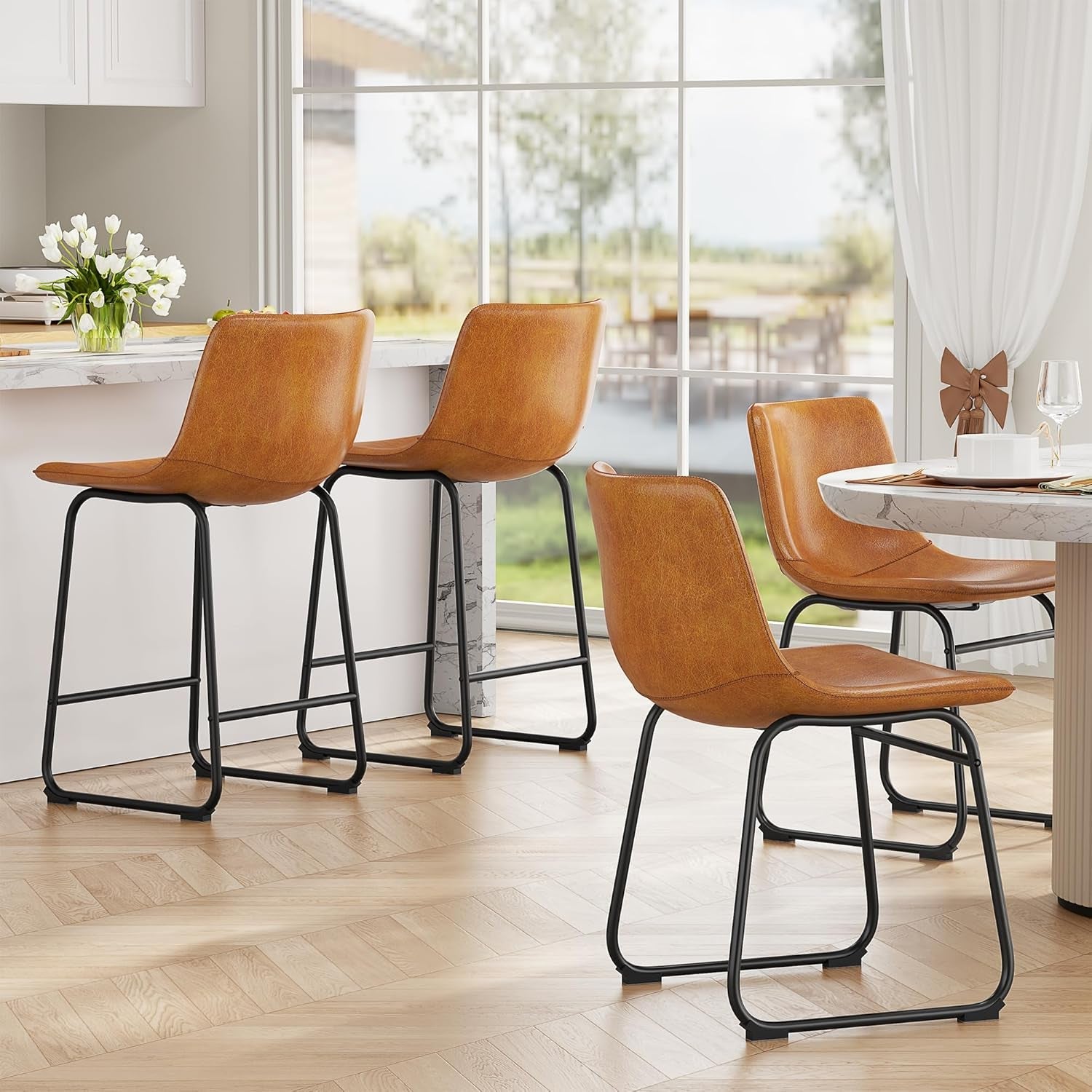 Bar Stools Set Of 4 26 Inch Brown PU Leather Counter Height