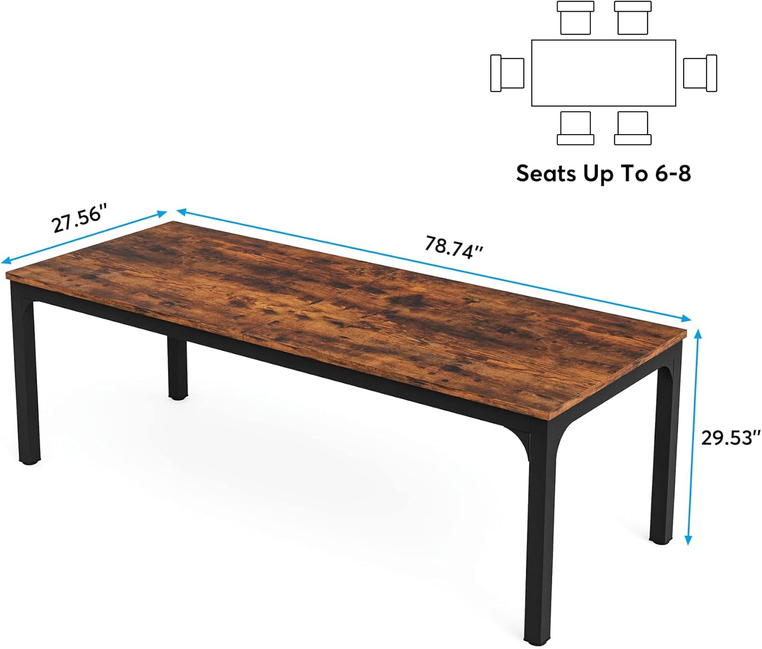 78 Inch Narrow Dining Table For 6 To 8 People Rustic Wood