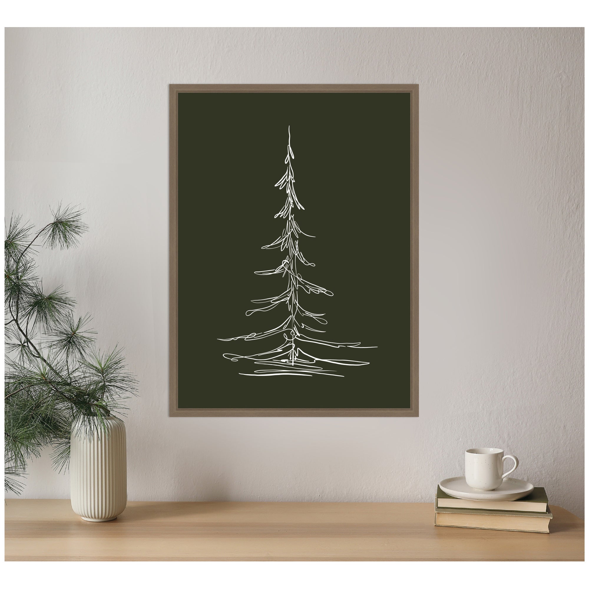 Sylvie Framed Canvas Minimalist Evergreen Trees Sketch 2 Green by The Creative Bunch Studio