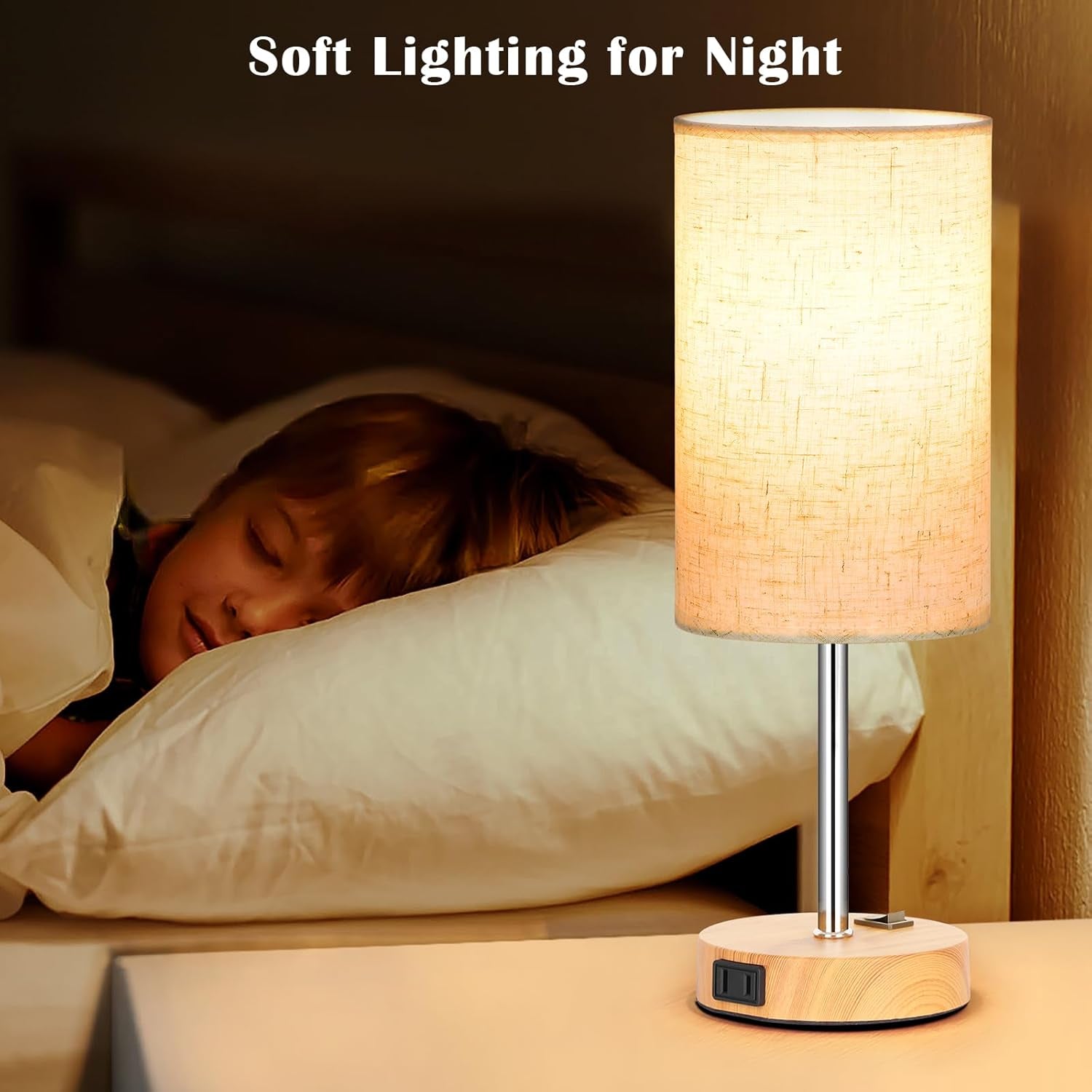 Bedside Table Lamp Set Of 2 Dimmable Three Way AC Outlet