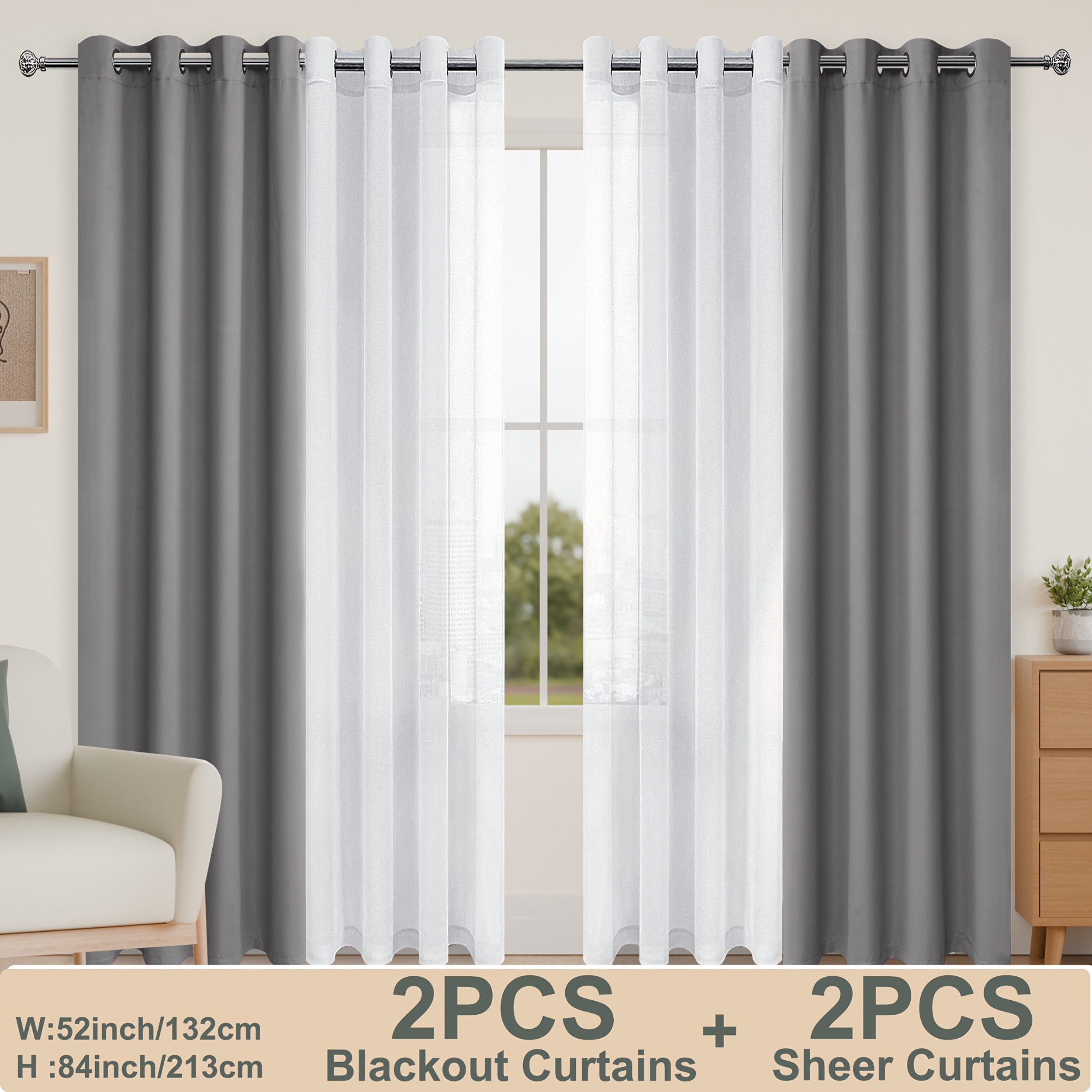 4pcs/SET Curtains - 2pcs Blackout Curtains with Tiebacks And 2pcs Sheer Curtains-3