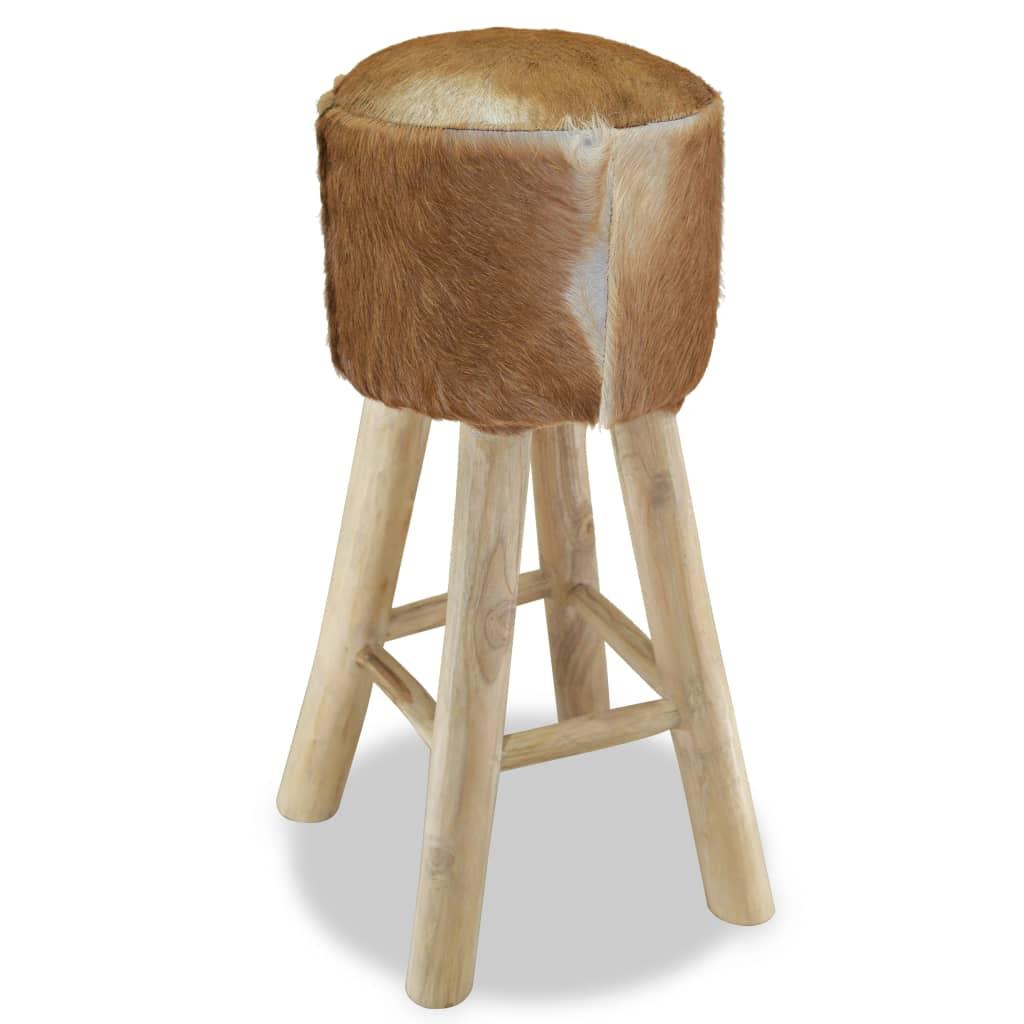 vidaXL Bar Stool Real Leather and Solid Teak Wood - PRHOMZ