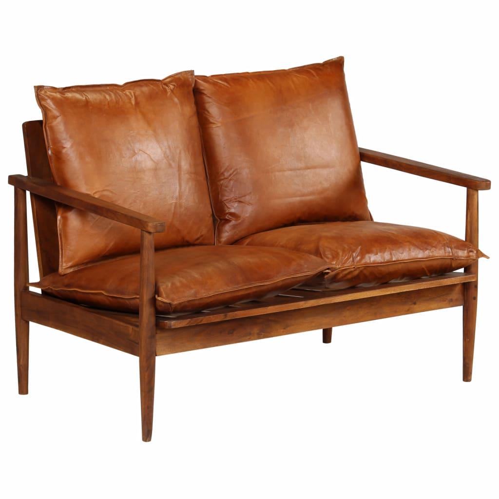 vidaXL 2-Seater Sofa Real Leather with Acacia Wood Brown - PRHOMZ