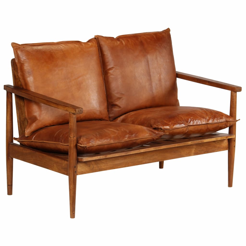 vidaXL 2-Seater Sofa Real Leather with Acacia Wood Brown - PRHOMZ