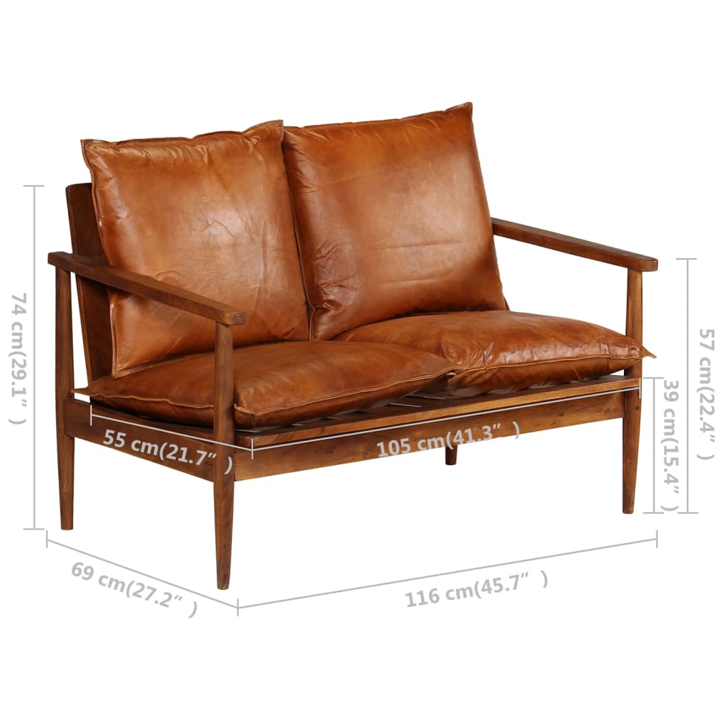 vidaXL 2-Seater Sofa Real Leather with Acacia Wood Brown - PRHOMZ