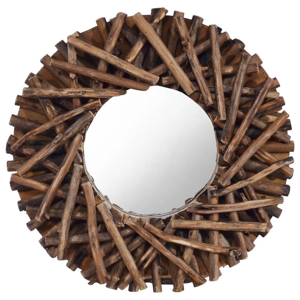 vidaXL Decorative Mirror Wall Mirror Bathroom Mirror Solid Teak Wood Round - PRHOMZ