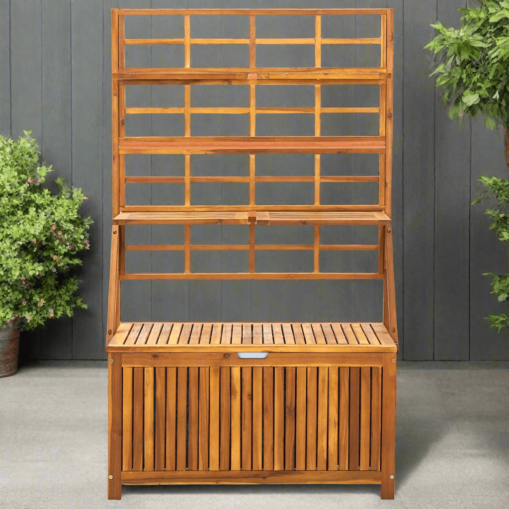 vidaXL Outdoor Storage Bench – Garden Box with Trellis, Solid Acacia Wood - PRHOMZ