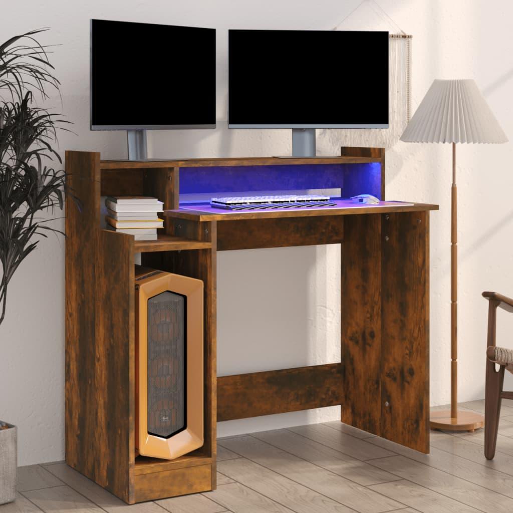vidaXL Desk Home Office Table Computer Desk with LED Lights Engineered Wood - PRHOMZ
