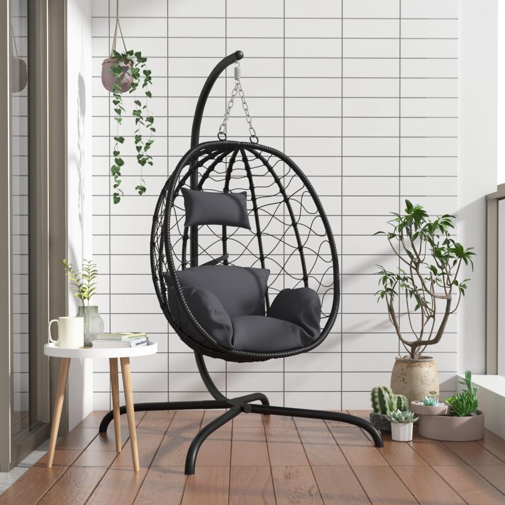 vidaXL Hanging Egg Chair with Cushion Anthracite Poly Rattan&Steel - PRHOMZ