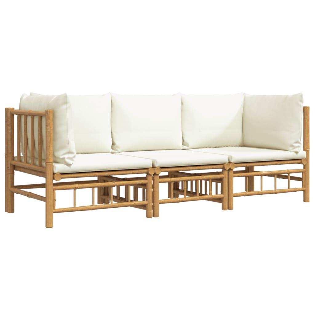 vidaXL 3 Piece Patio Lounge Set with Cream White Cushions Bamboo - PRHOMZ