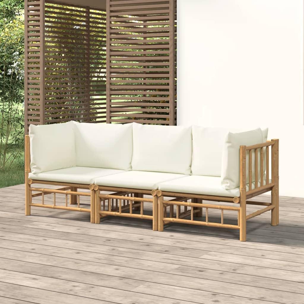 vidaXL 3 Piece Patio Lounge Set with Cream White Cushions Bamboo - PRHOMZ