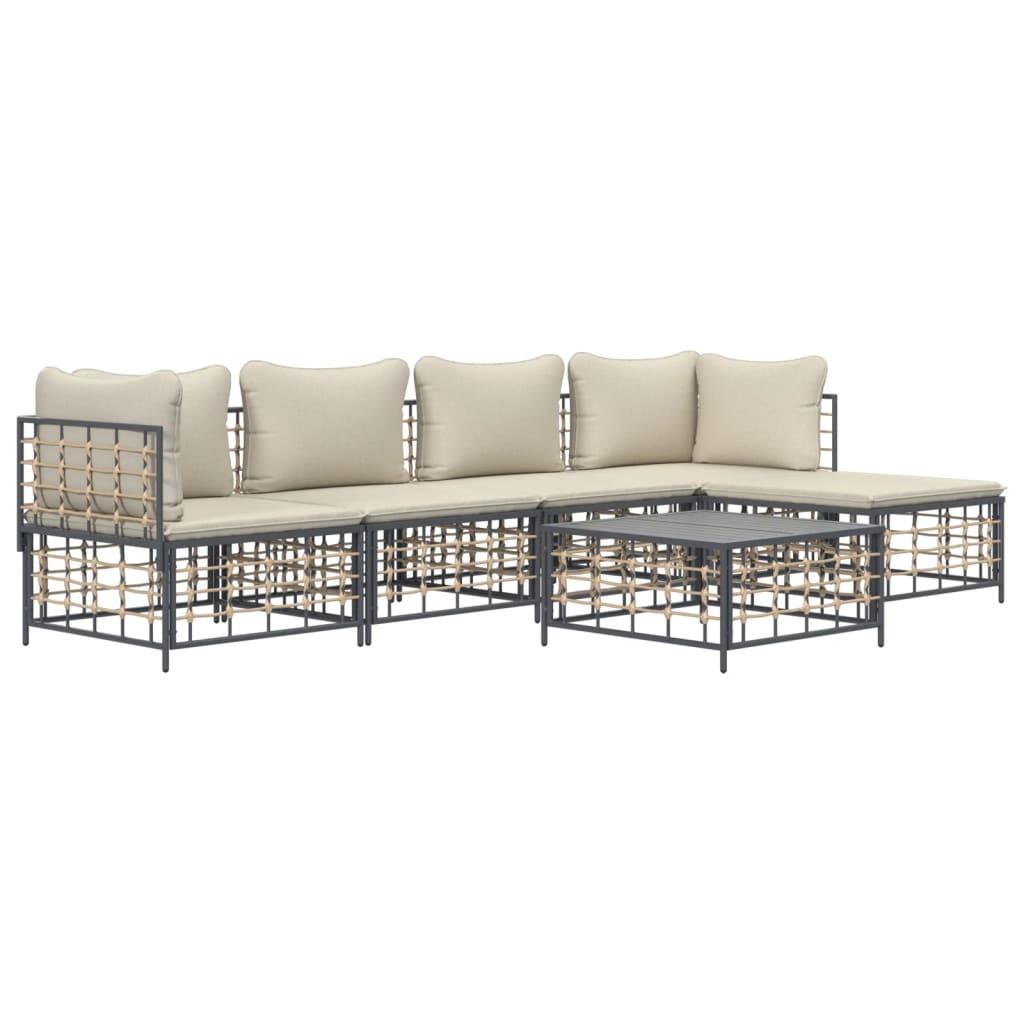 vidaXL 6 Piece Patio Lounge Set with Cushions Anthracite Poly Rattan - PRHOMZ