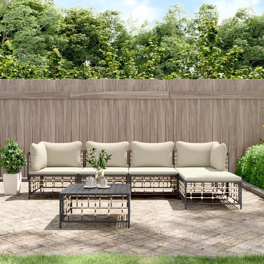 vidaXL 6 Piece Patio Lounge Set with Cushions Anthracite Poly Rattan - PRHOMZ