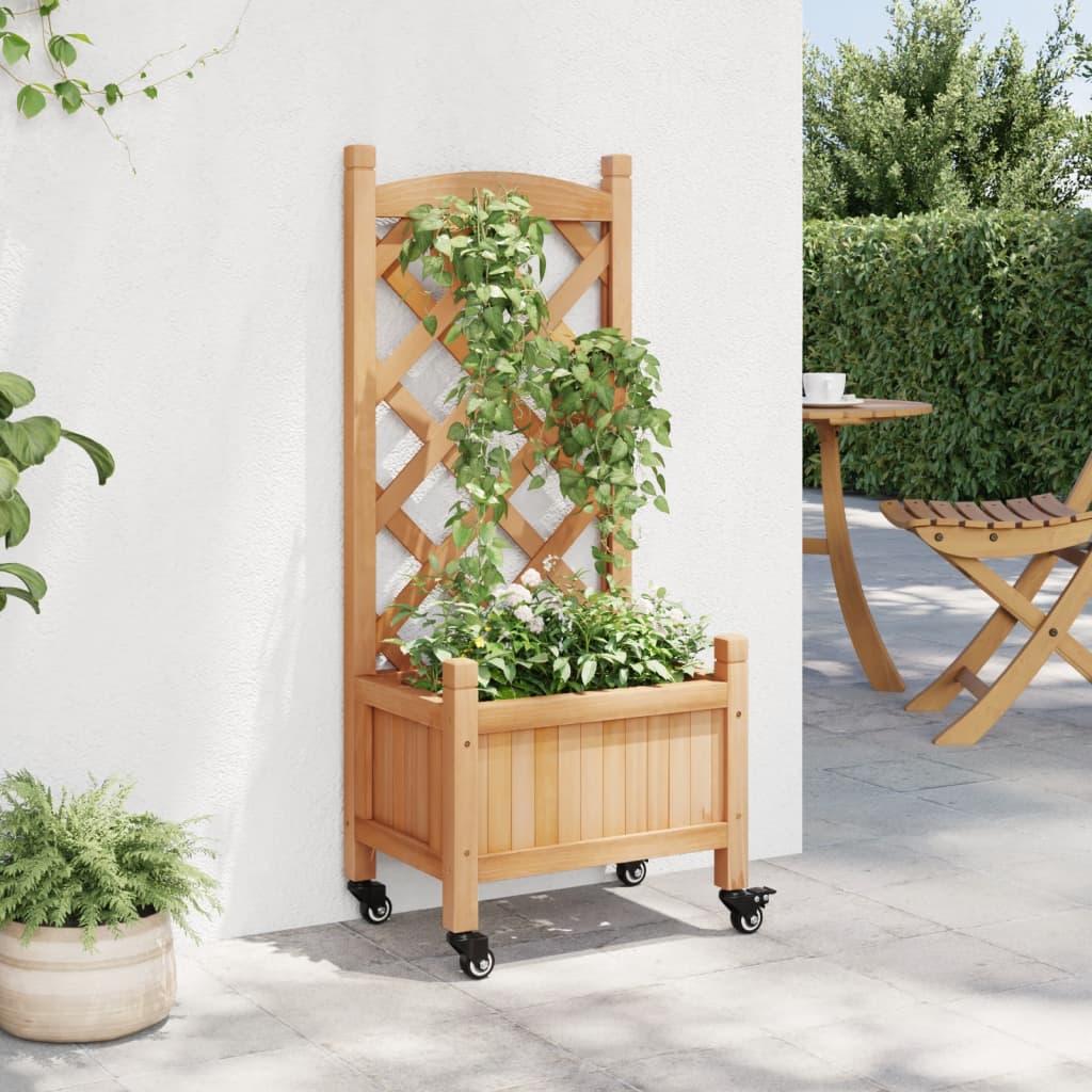 vidaXL Planter with Trellis and Wheels Brown Solid Wood Fir - PRHOMZ