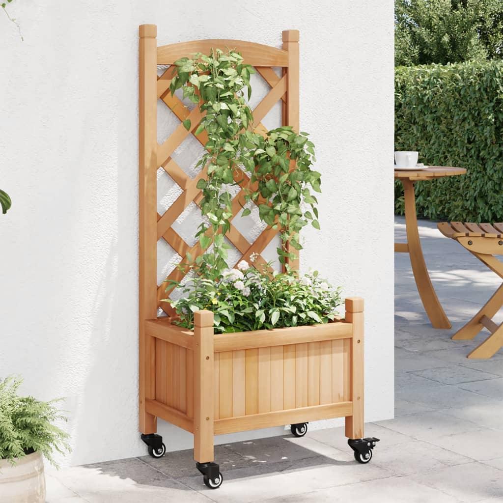 vidaXL Planter with Trellis and Wheels Brown Solid Wood Fir - PRHOMZ