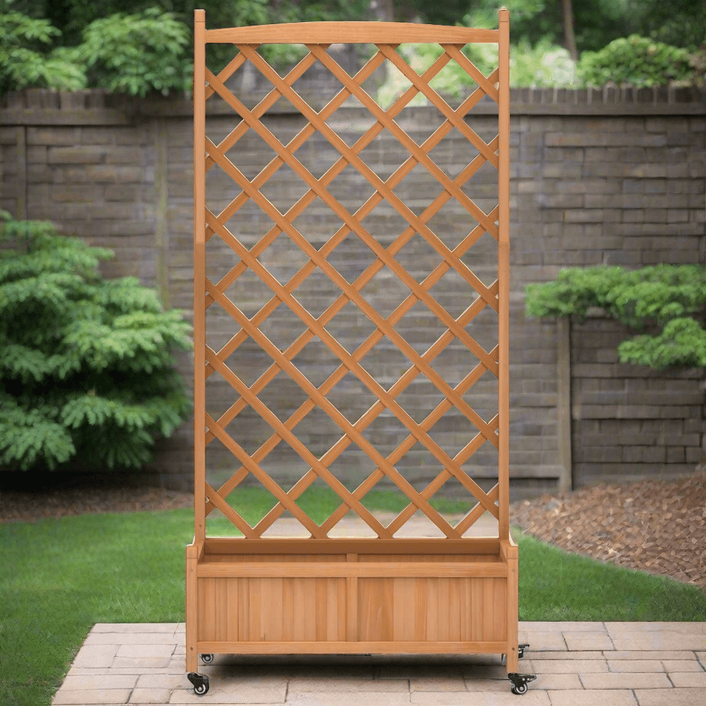 Planter with Trellis and Wheels Brown Solid Wood Fir - PRHOMZ